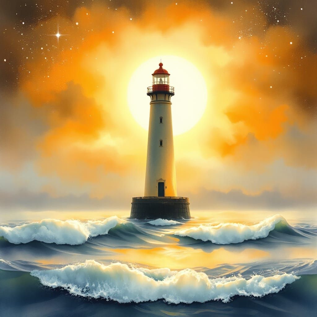 Lighthouse Radiating Golden Warmth in Dreamy Watercolor