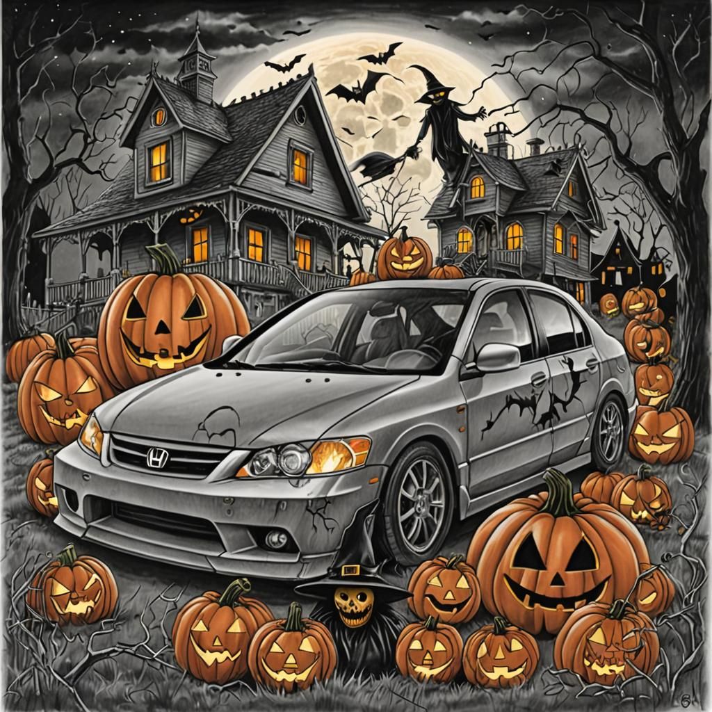 Halloween Drawing: Honda Civic, Haunted House, Pumpkins