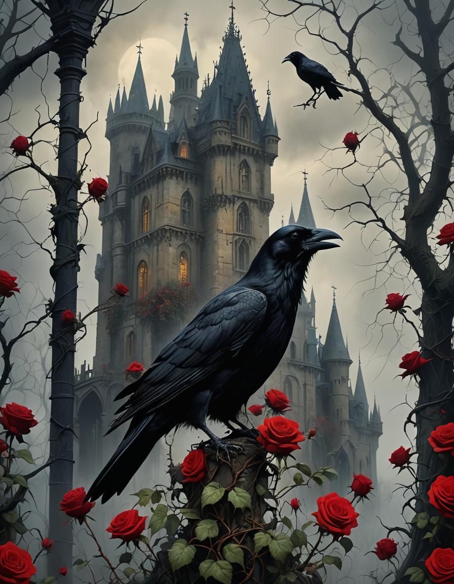 Gothic Castle with Ravens and Roses