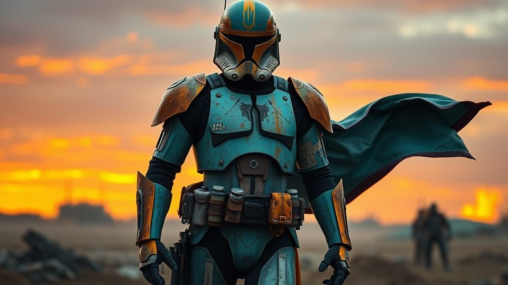 Battle-Scarred Clone Trooper in Turquoise Armor Stands Resol...