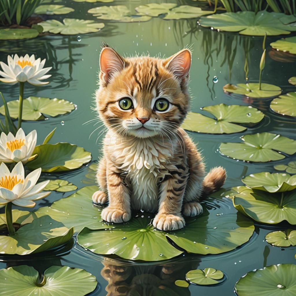 Whimsical Water Cat Portrait in Watercolor Style