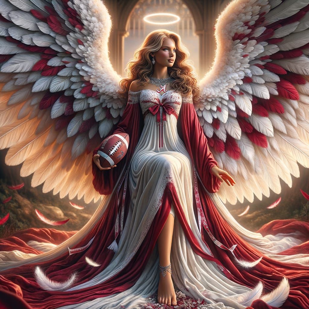 Crimson Tide Angel with Football in Ethereal Setting
