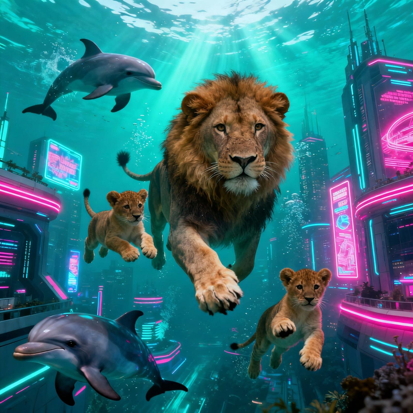 Lions and Dolphins in Futuristic Underwater City