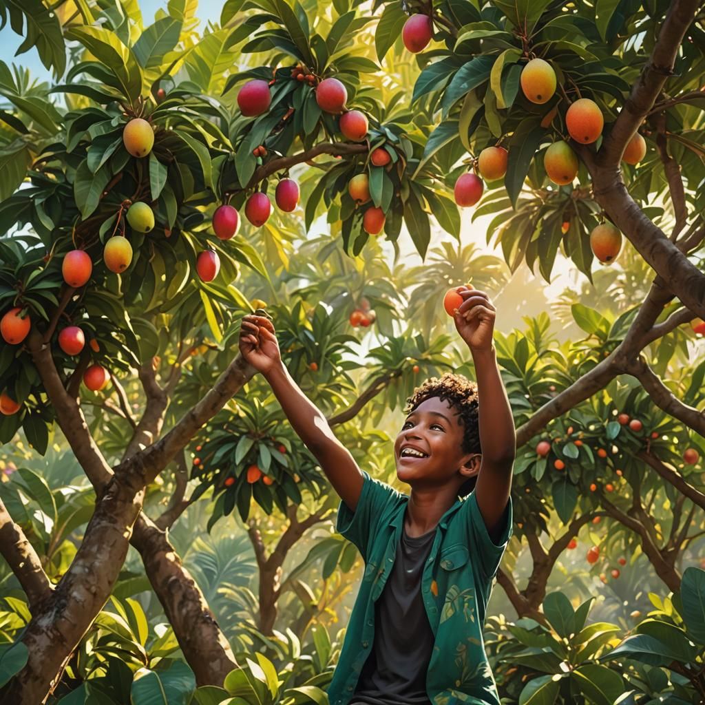 Joyful Boy in Tropical Fruit Orchard, Fantasy Art