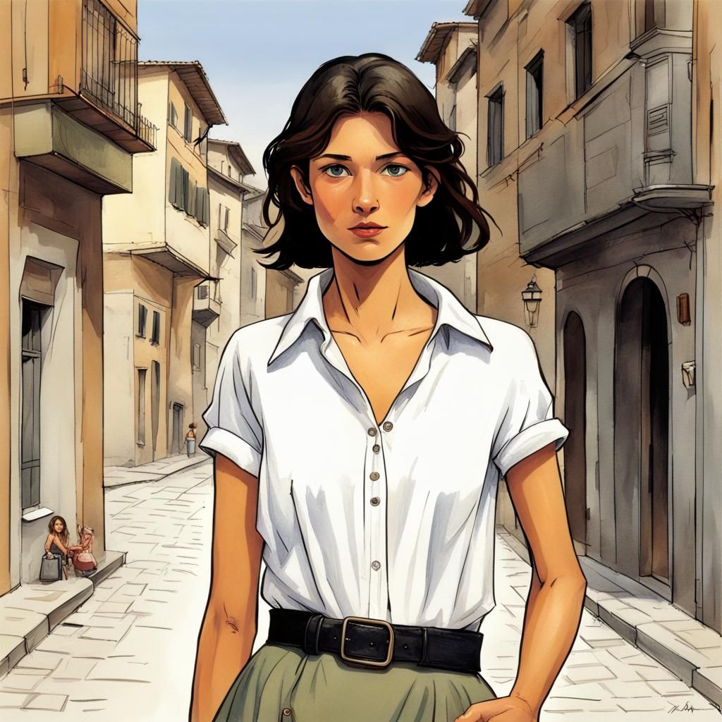 Girl in Italian Street, Moebius Style Illustration