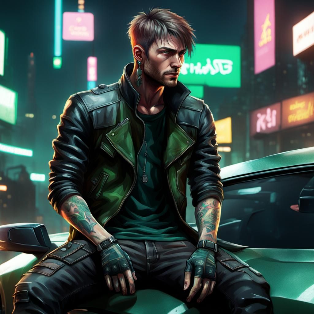 Cyberpunk Guy with Tattoos Sits on Car Hood