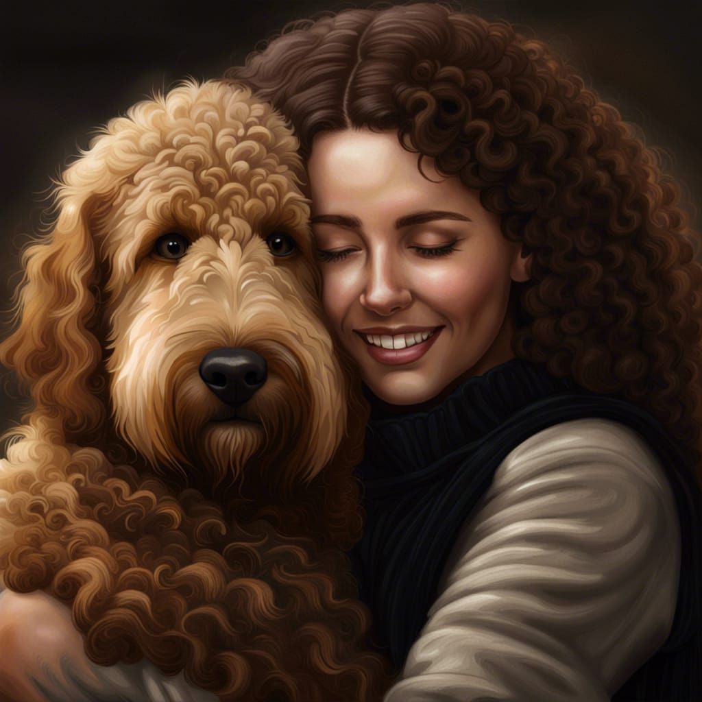 Woman and Golden Doodle Embrace in Realistic Photo
