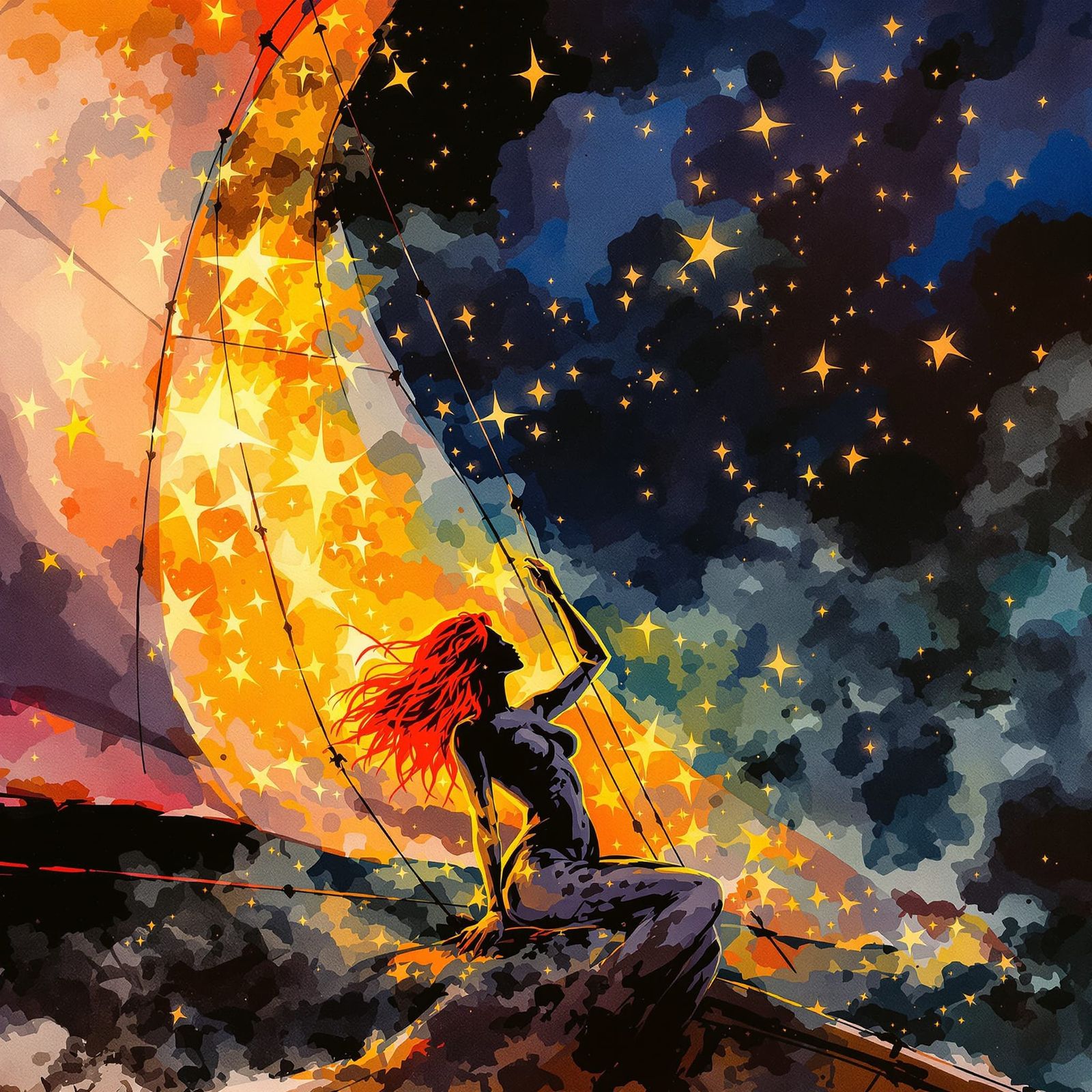 Red-Haired Pilot Adjusts Glowing Sails in Cosmic Voyage