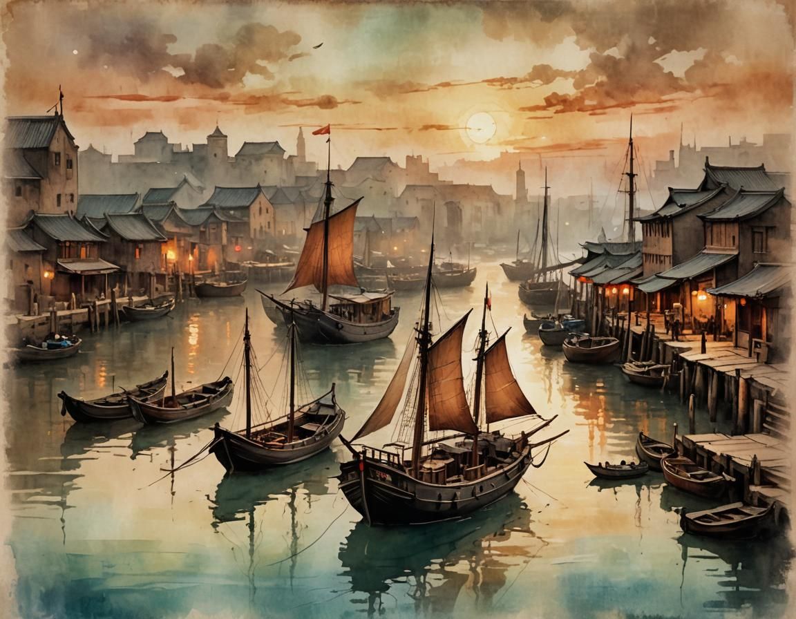 Chinese Junk Boat in Harbor: Impressionist Oil Painting