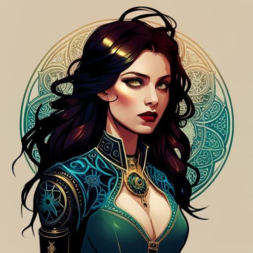 Steampunk Yennefer with Luminous Colors and Intricate Motifs