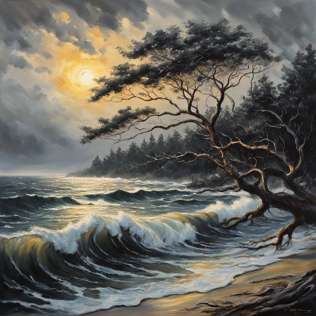 Moody Seascape with Windswept Trees in Oil