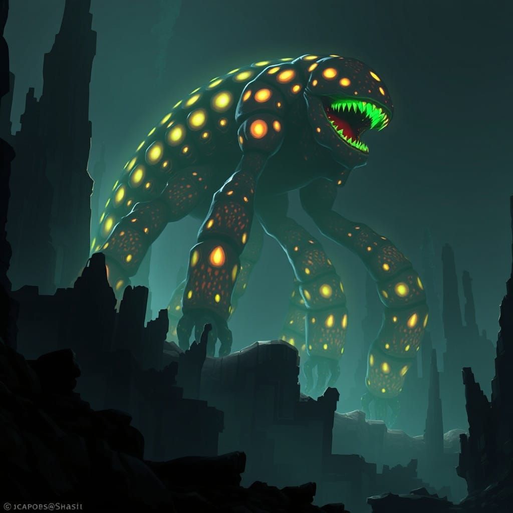 Gargantuan Mutated Emperor Ing in Dark Gothic Sci-Fi Landsca...