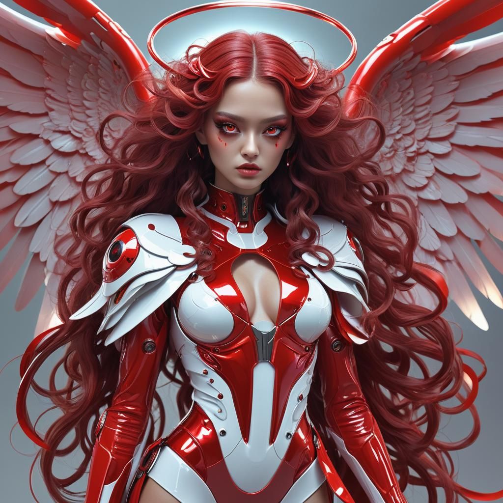 Futuristic Red Fashion with Angel Wings