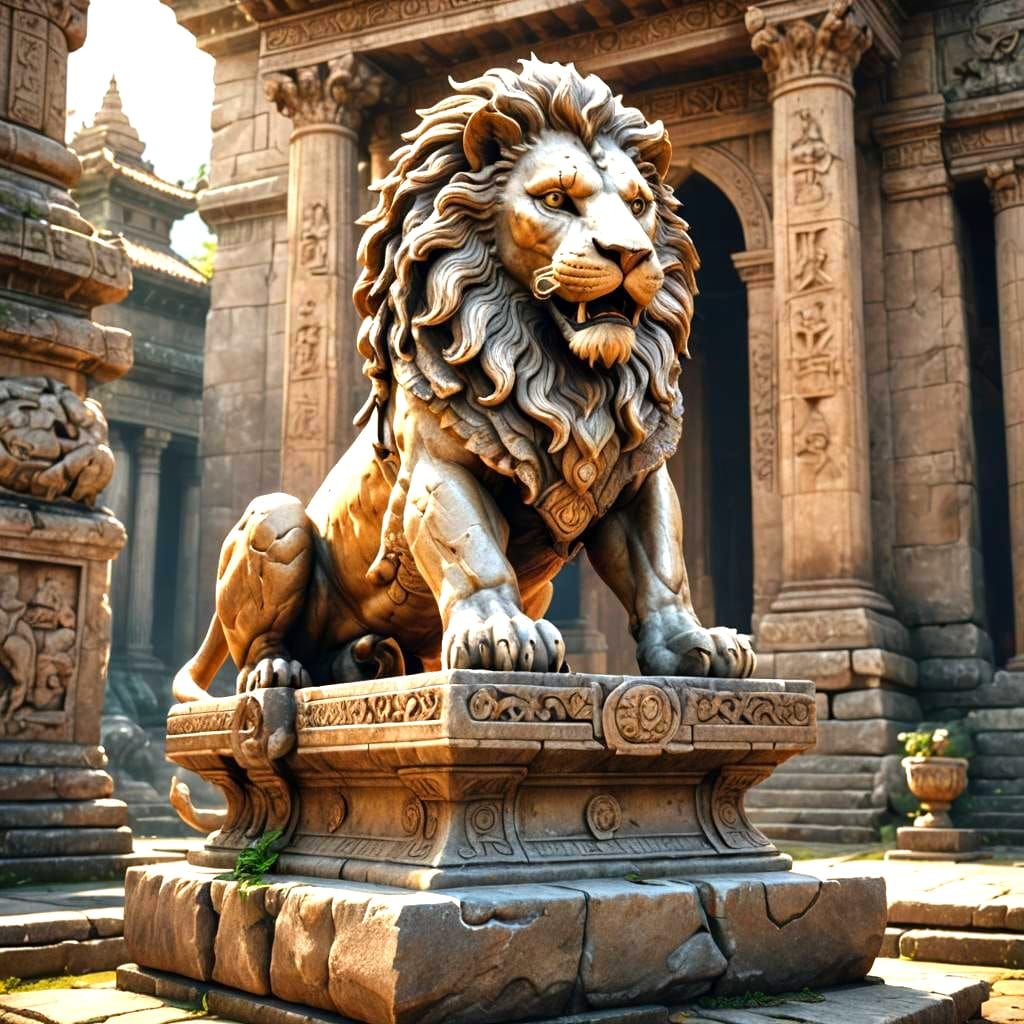 Stone Lion Sculpture Before Ancient Temple in 3D