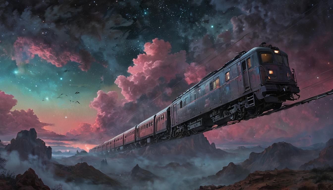 Flying Train in Astral Sky: Watercolor Style