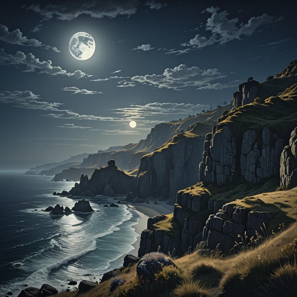 Moonlit Cliffside Landscape in Photorealistic Style