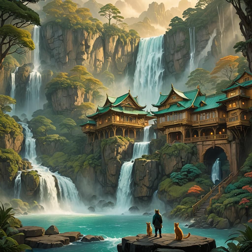Giant Cat at Waterfall House, Fantasy Matte Painting