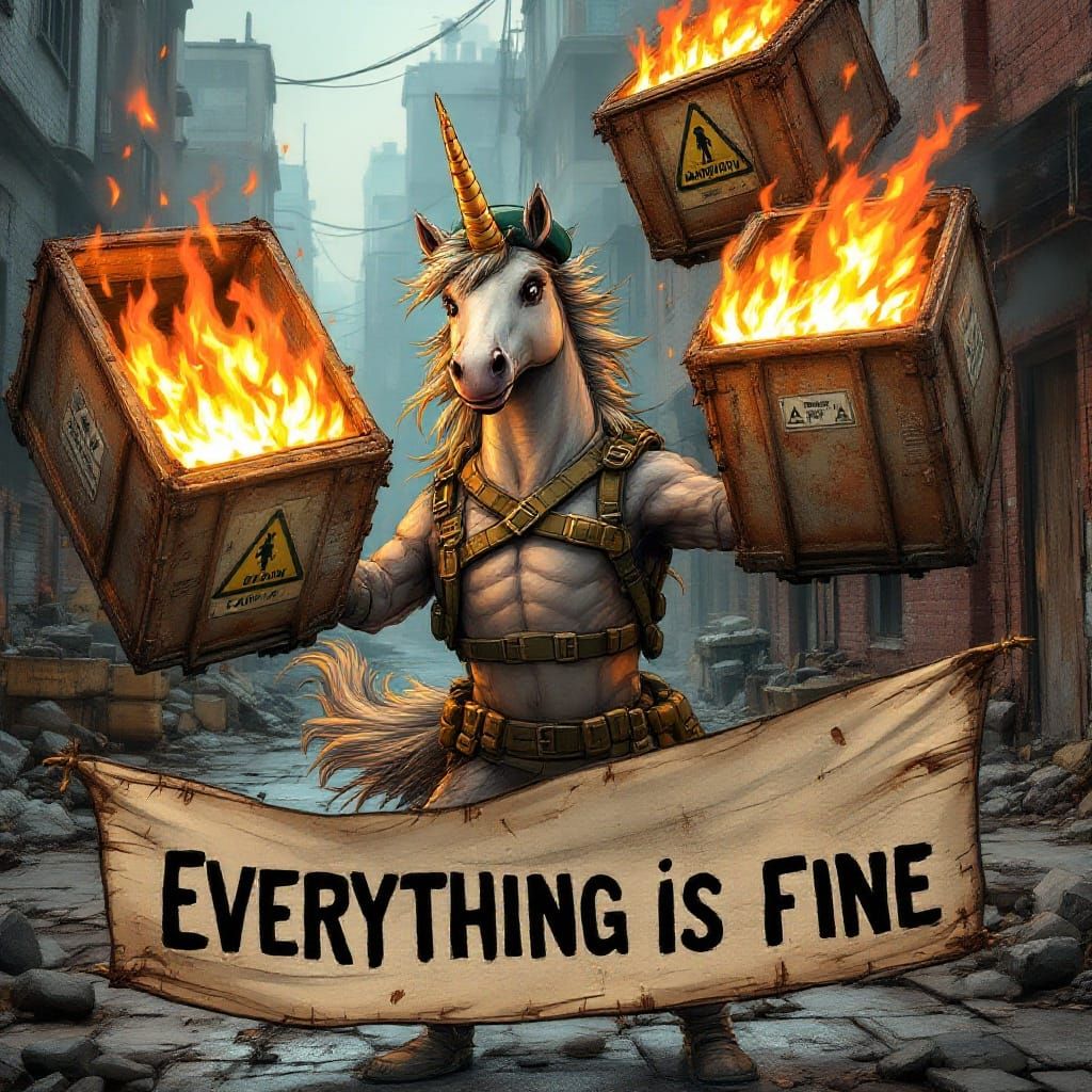 Whimsical Unicorn Juggles Flaming Dumpsters in Tactical Patc...
