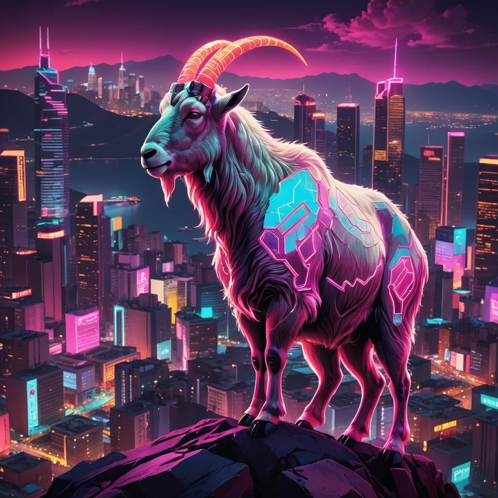 Neon Mountain Goat Overlooking Synthwave Cityscape