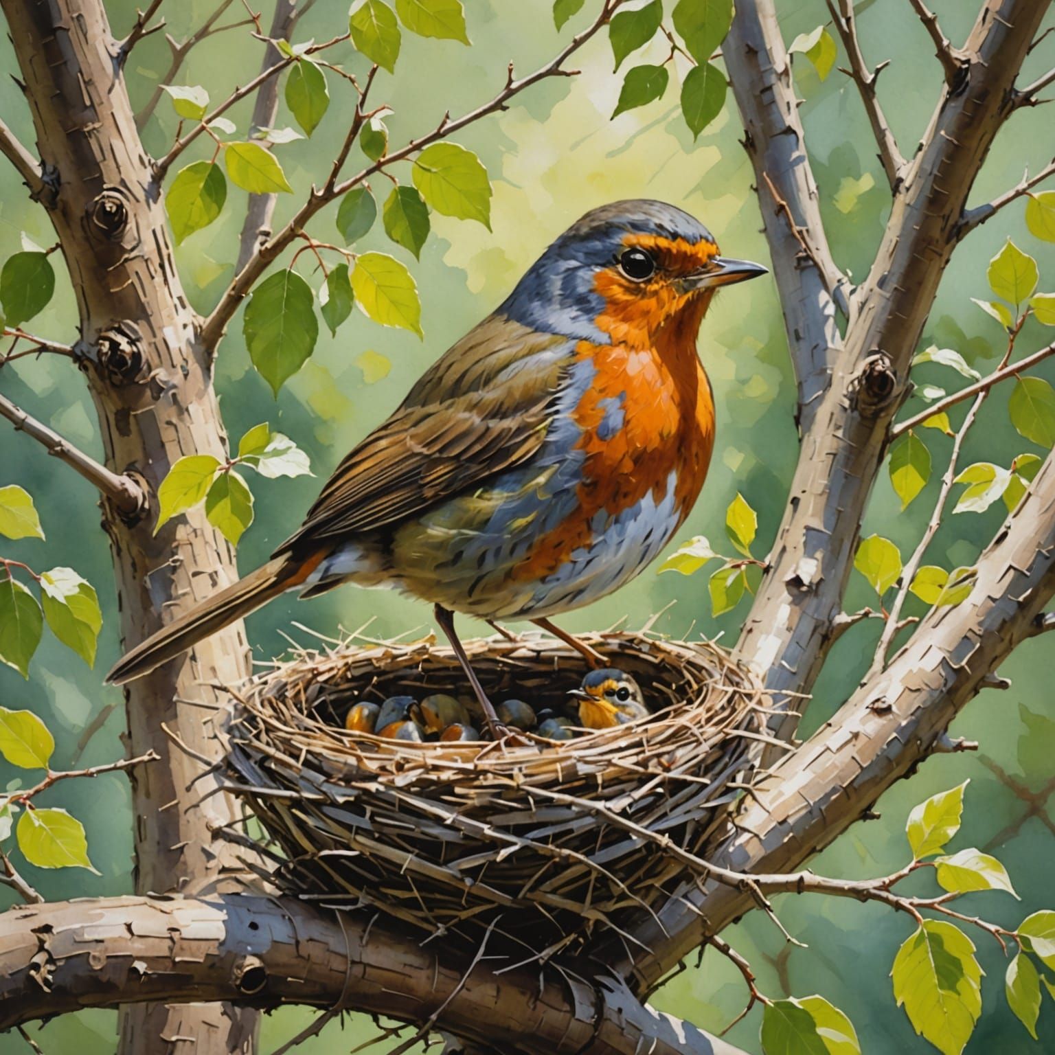 Robin Family in Nest: Impasto Gouache Masterpiece
