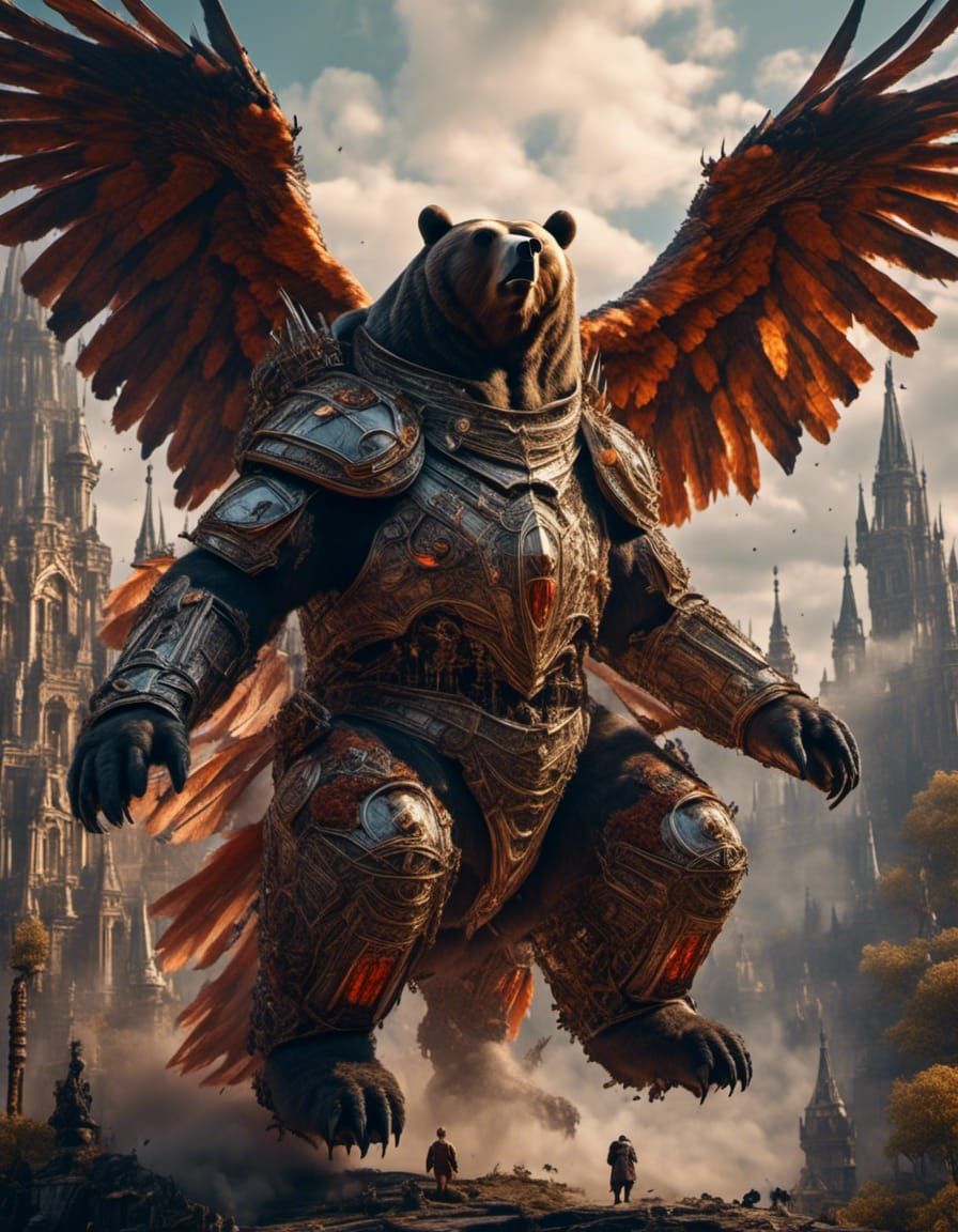 Bear Templar Knight with Cyborg Wings in Flight