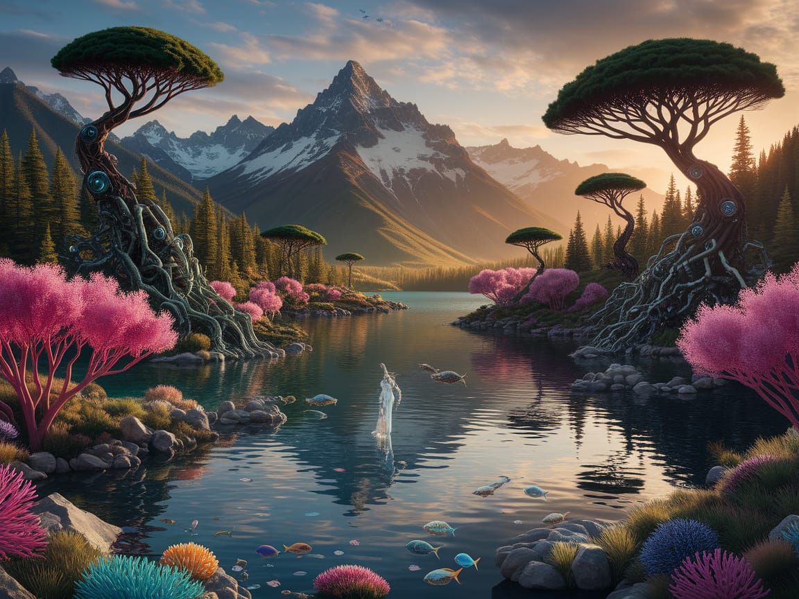 Biopunk Cyborg Forest in Vibrant Sunset Hues