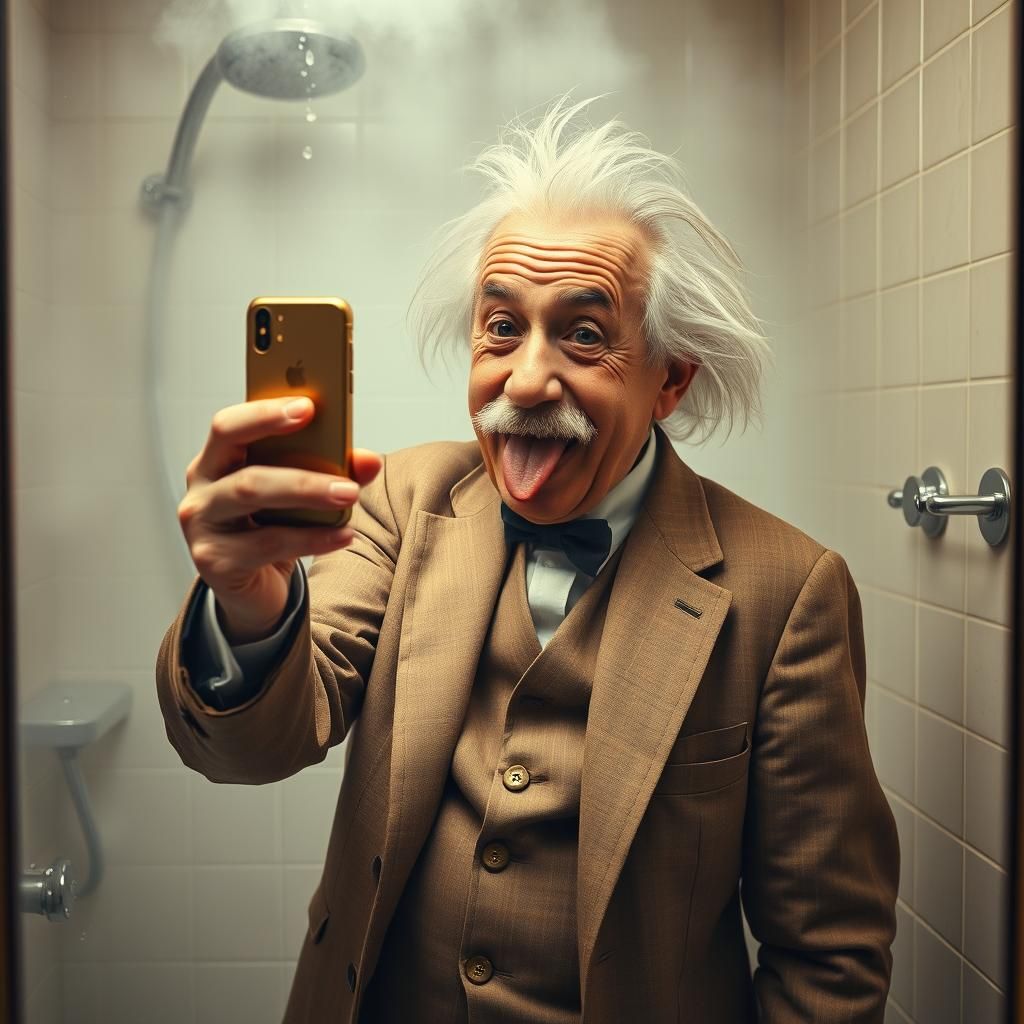 Einstein's Bathroom Selfie in Photorealistic Style