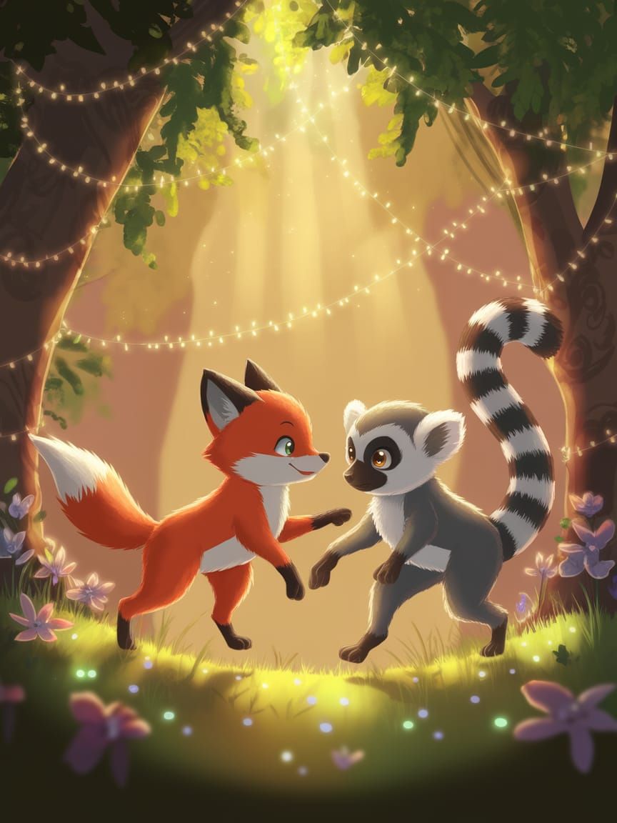 Whimsical Anime Fantasy Forest Scene with Fox and Lemur