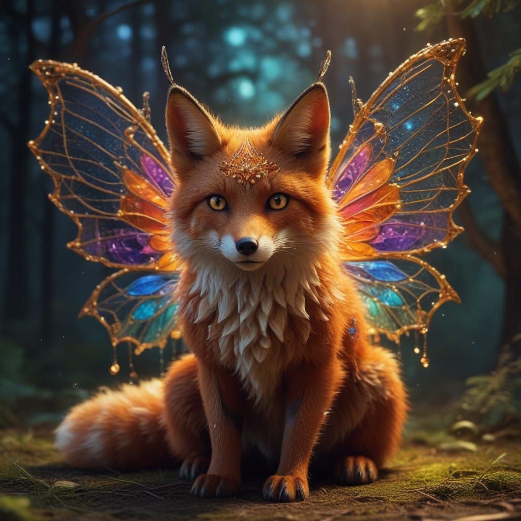 Majestic Fox-Winged Faerie in Vibrant, Iridescent Hues