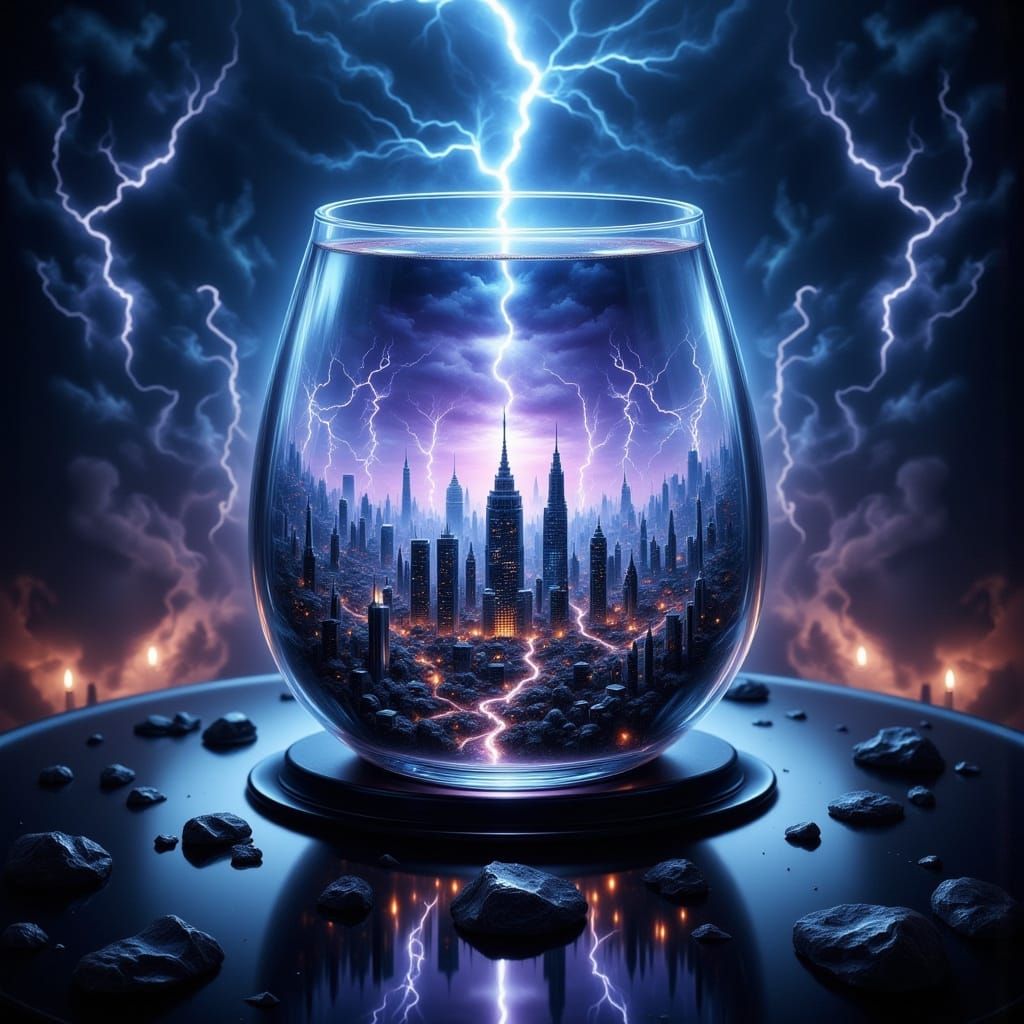 Lightning City in Glass on Black Mirror Table