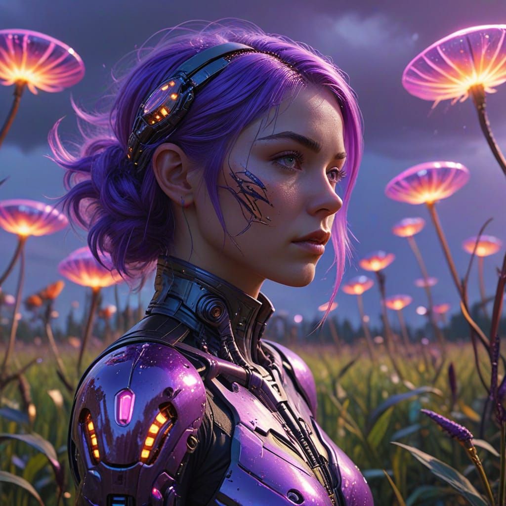 Neon-Purple Hair in Alien Flora: Sci-Fi Art