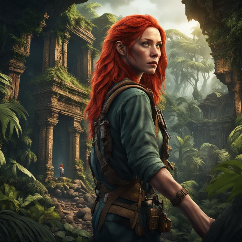 Red-Haired Adventurer in Jungle Ruins: Detailed Matte Painti...