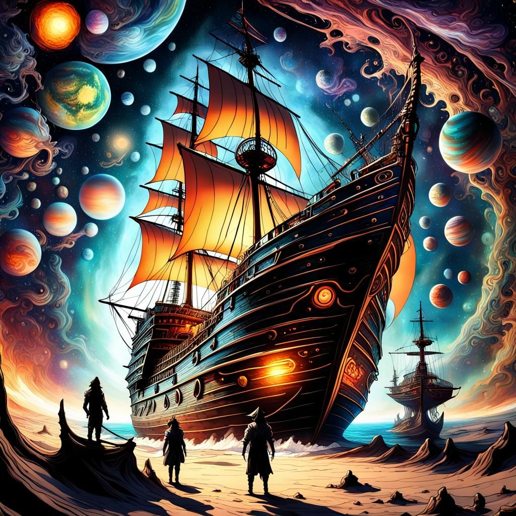 Pirate ship standing in the space filled with planets, science-fiction art wallpaper, spiritual journey into madness, ps...