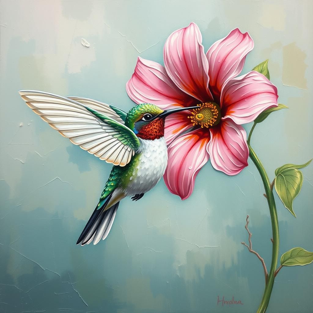 Hummingbird and Flower in Cracked Enamel Impasto