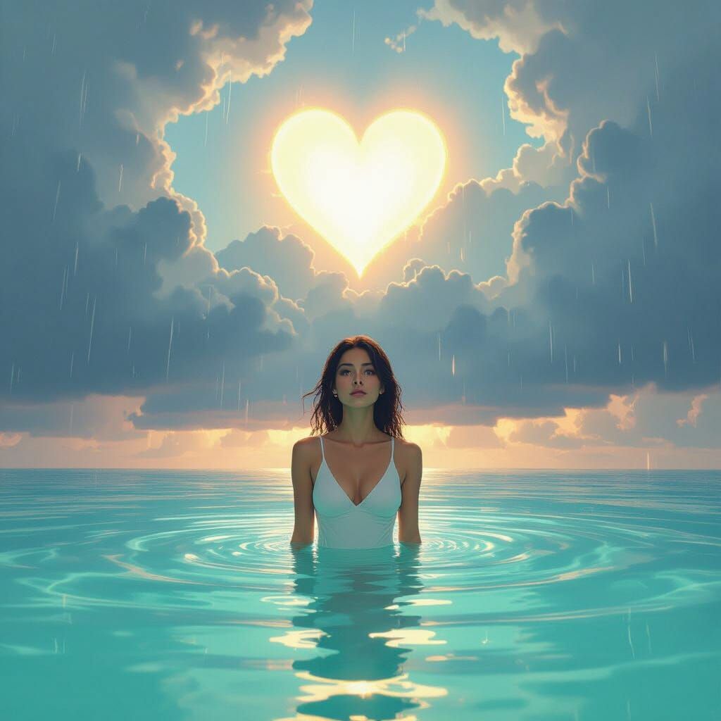 Woman in Turquoise Water with Glowing Heart: Digital Art