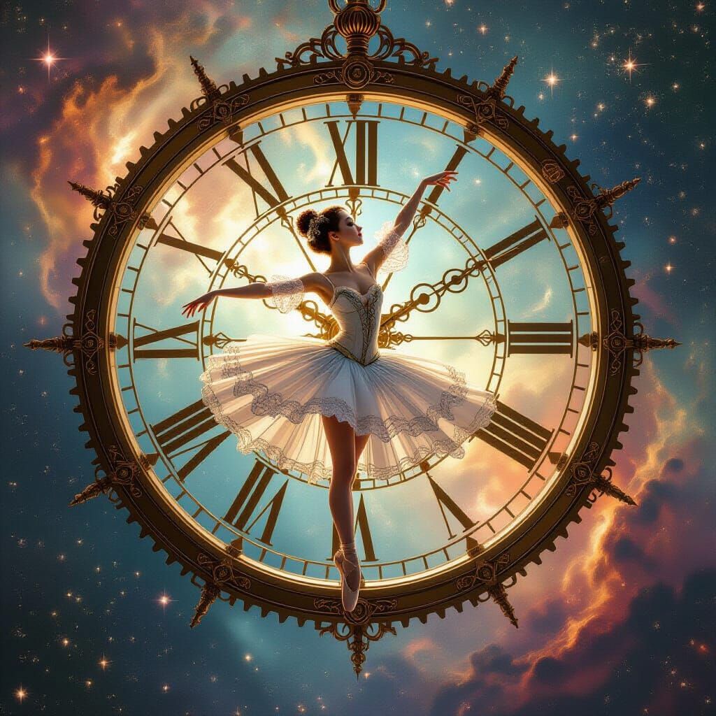 Ballerina Pirouettes on Clockwork Gear in Nebula