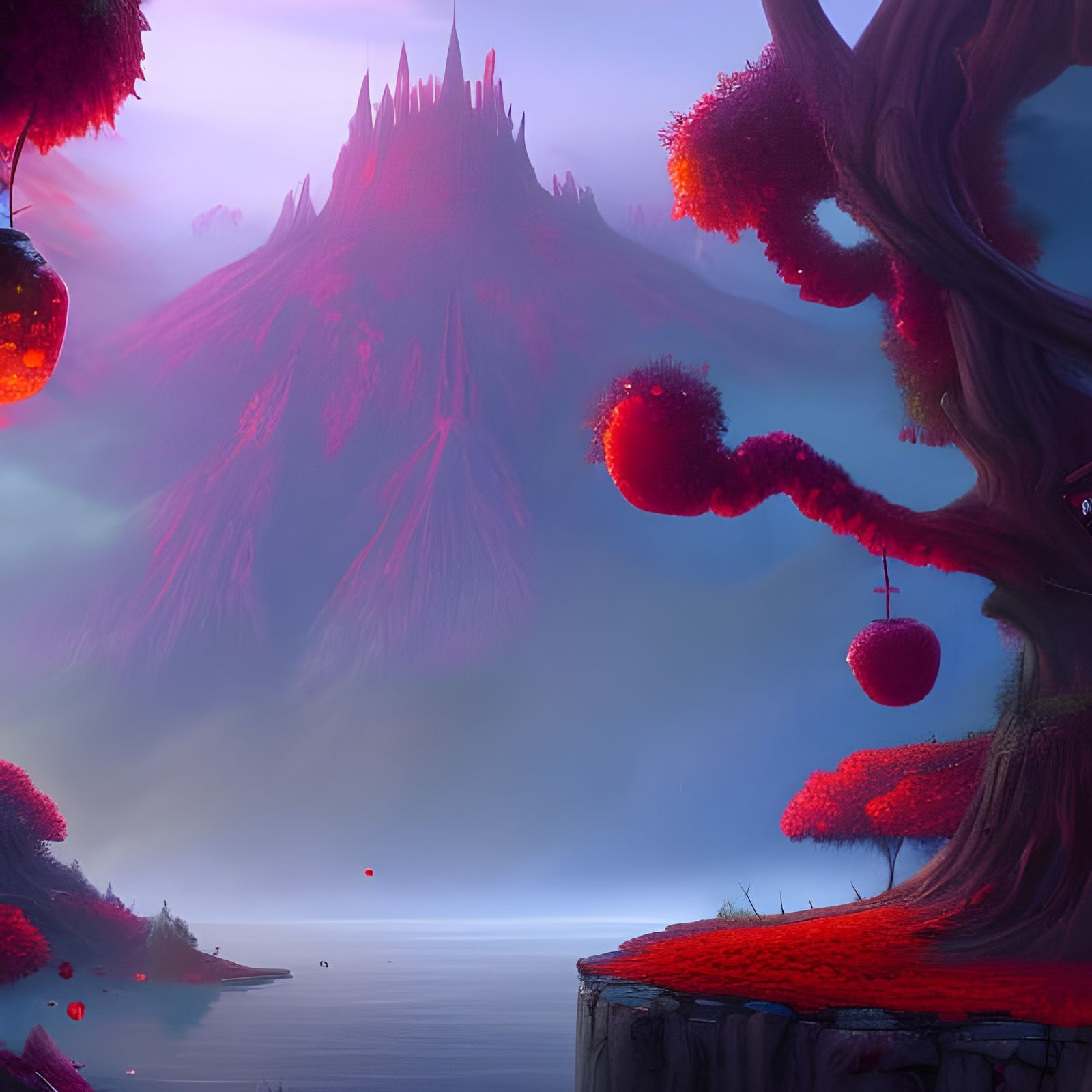 red foggy land and there's an apple