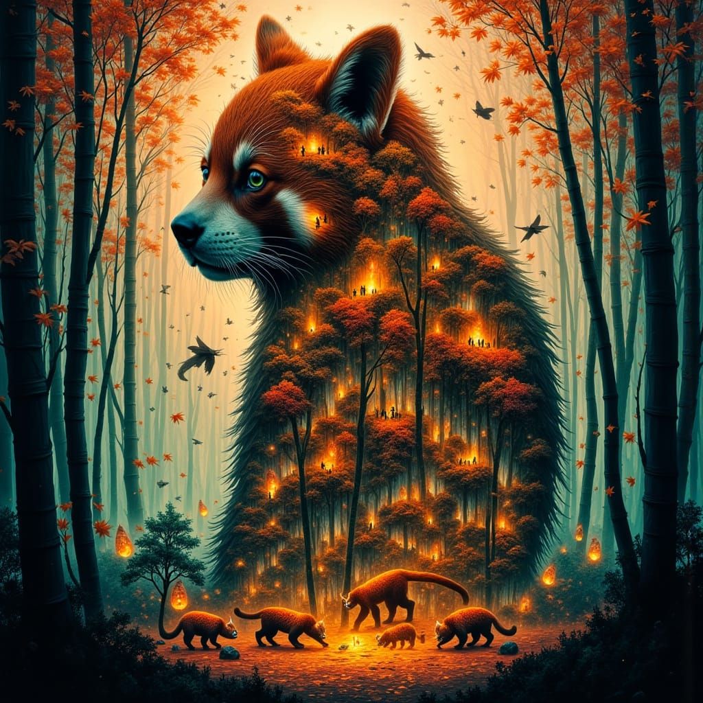 Red Panda Puzzle Silhouette in Magical Forest