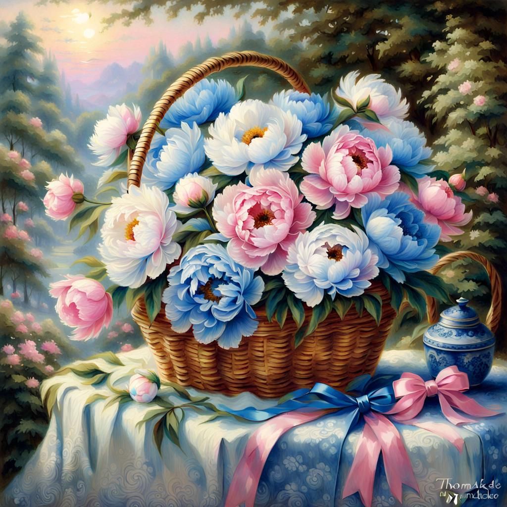 Blue and White Peonies in Ethereal Fantasy Style
