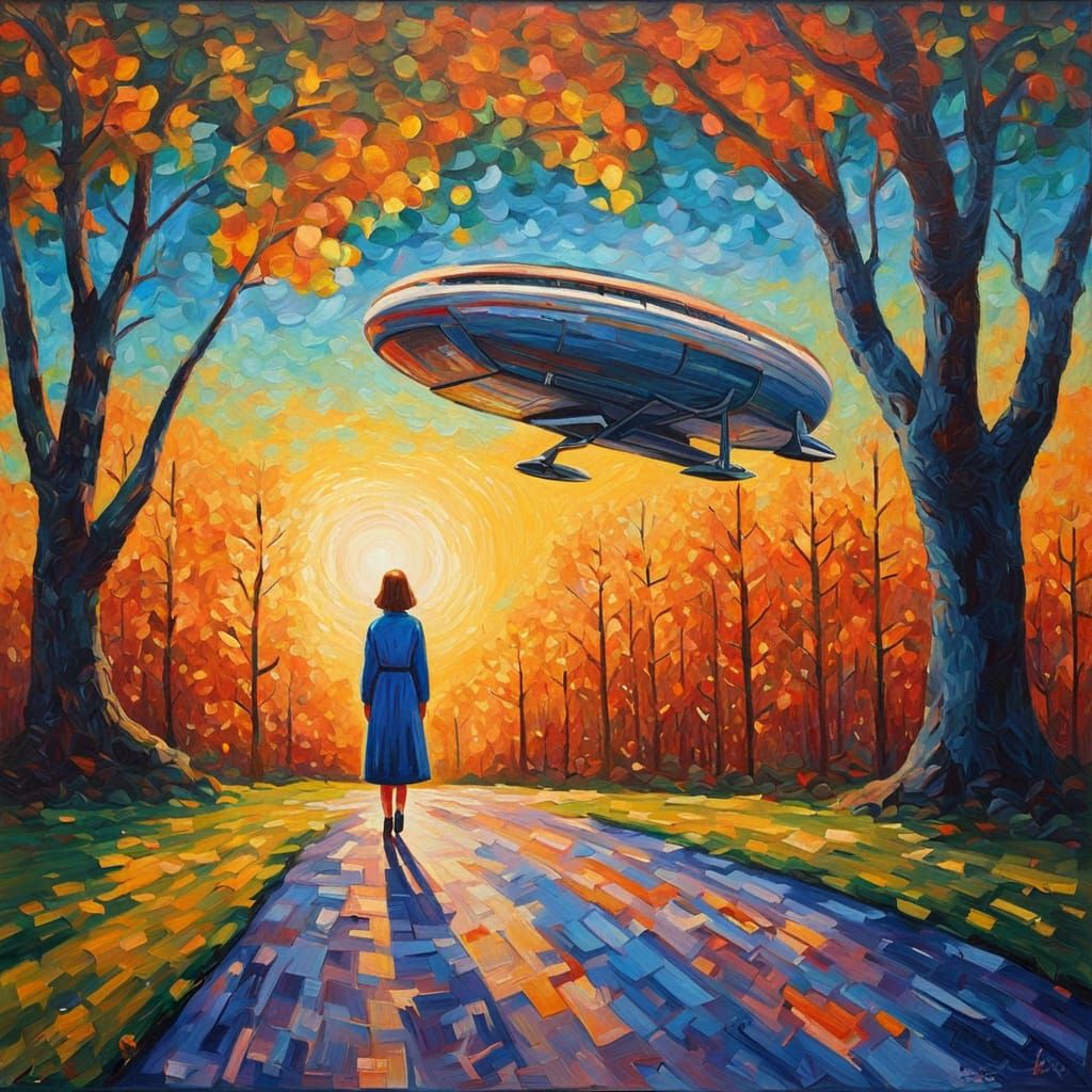Girl Awaits Spaceship: Neo-Impressionist Oil Painting