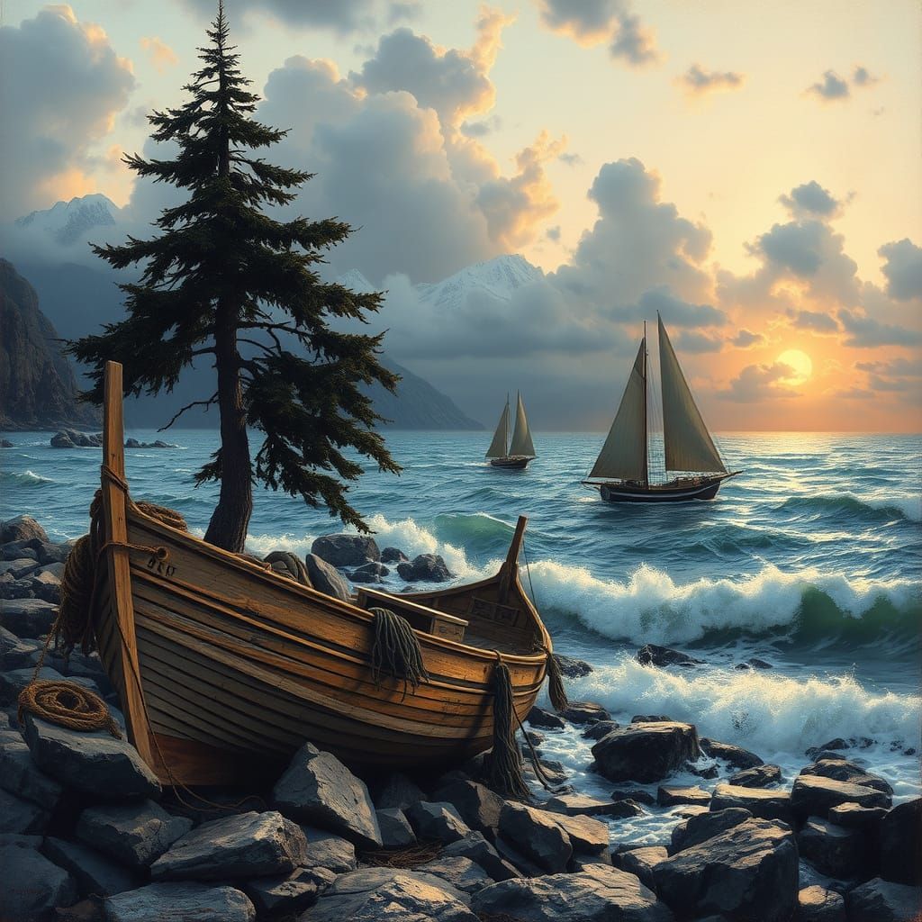 Coastal Scene with Beached Boat and Distant Sailboats