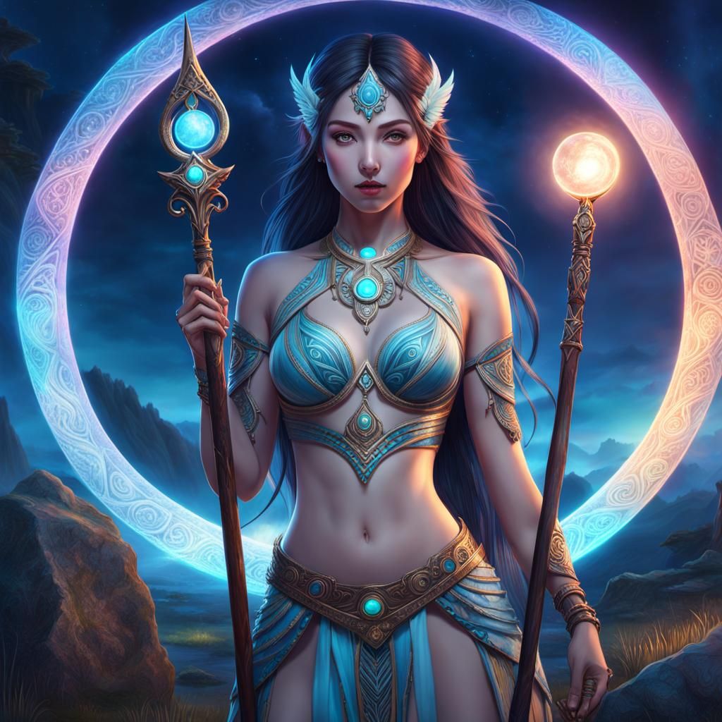 Celestial Goddess with Magical Staff, Digital Painting