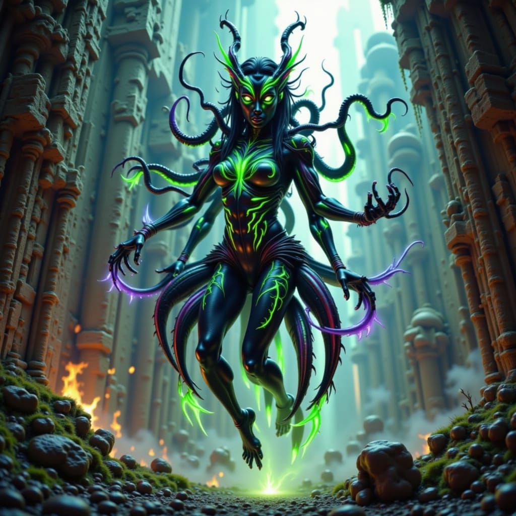 Void Huntress Alien Leaping Through Ancient Ruins