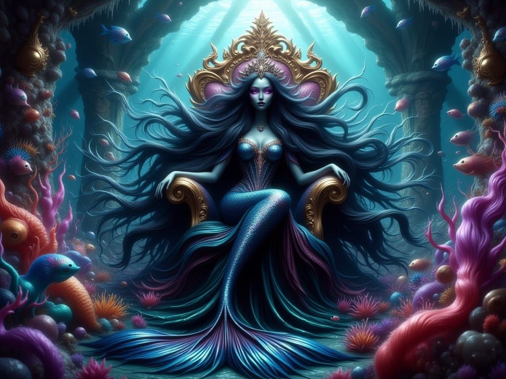 Regal Black Mermaid Queen Sits on Underwater Gold Throne wit...