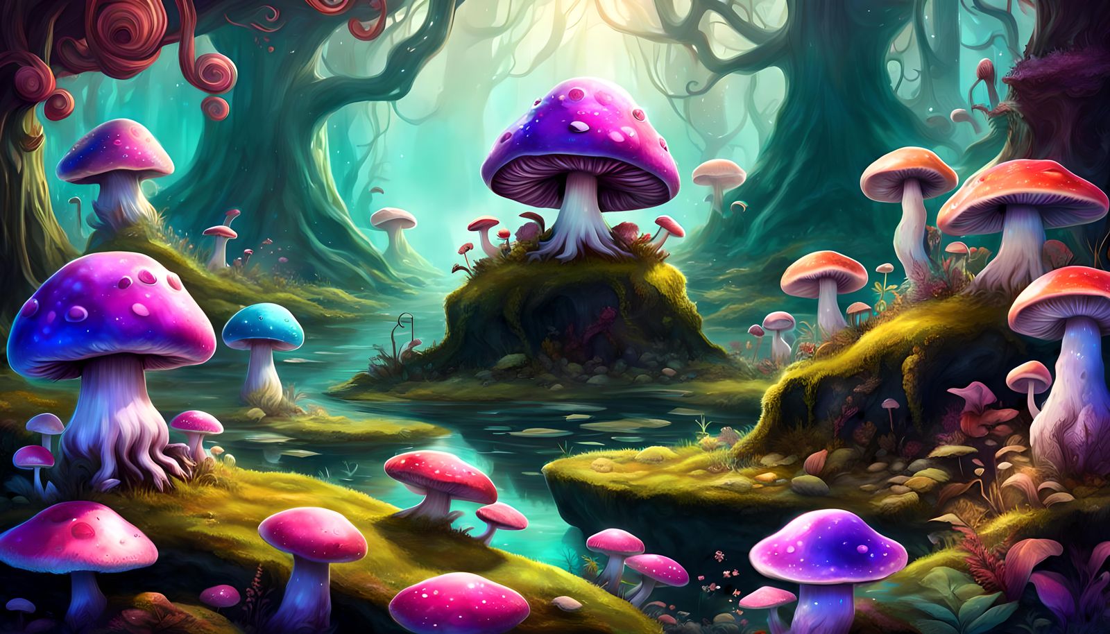 Cute Lovecraftian Fungal Beings in Dreamy Landscape