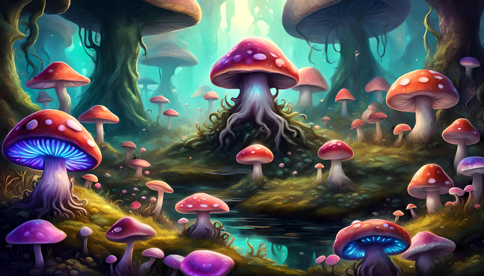 Cute Fungal Beings in a Dreamy Fantasy Landscape