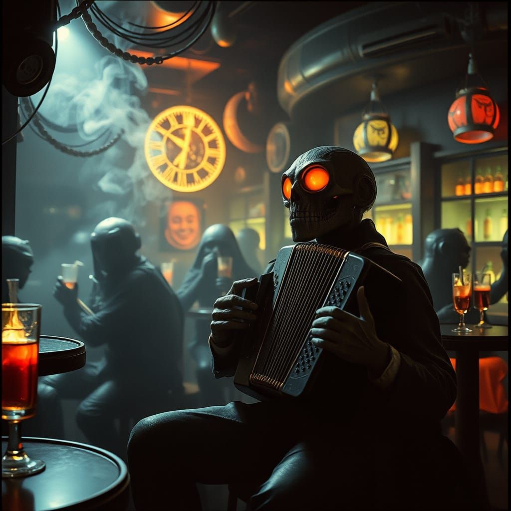 Accordionist at Galaxy's End: Black and White Film Still