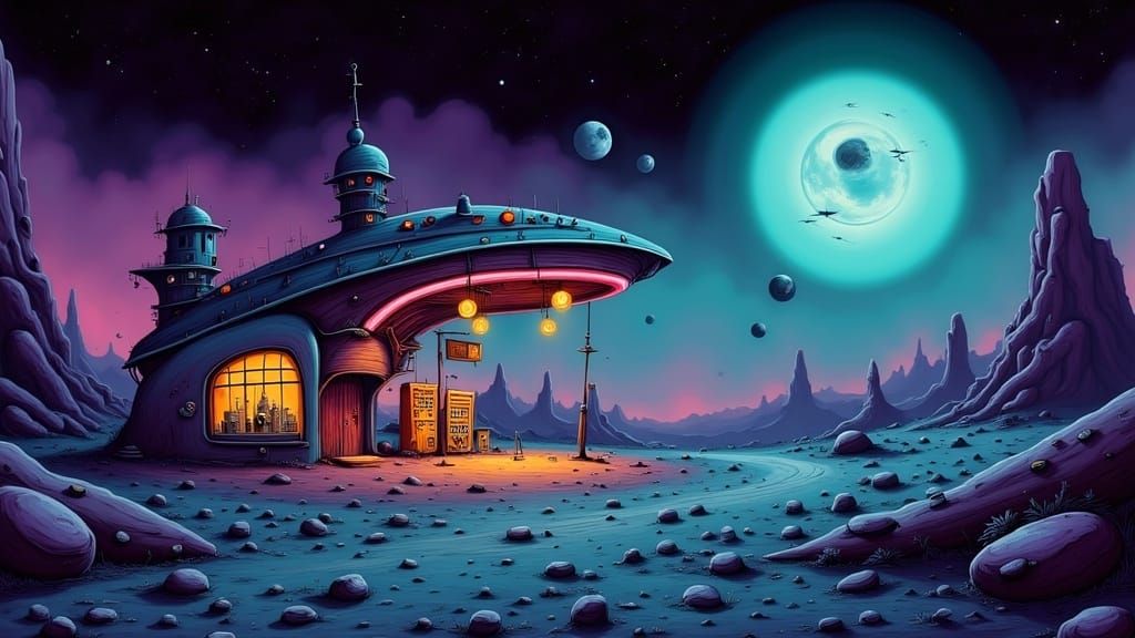 Neon Alien Gas Station on Barren Moon