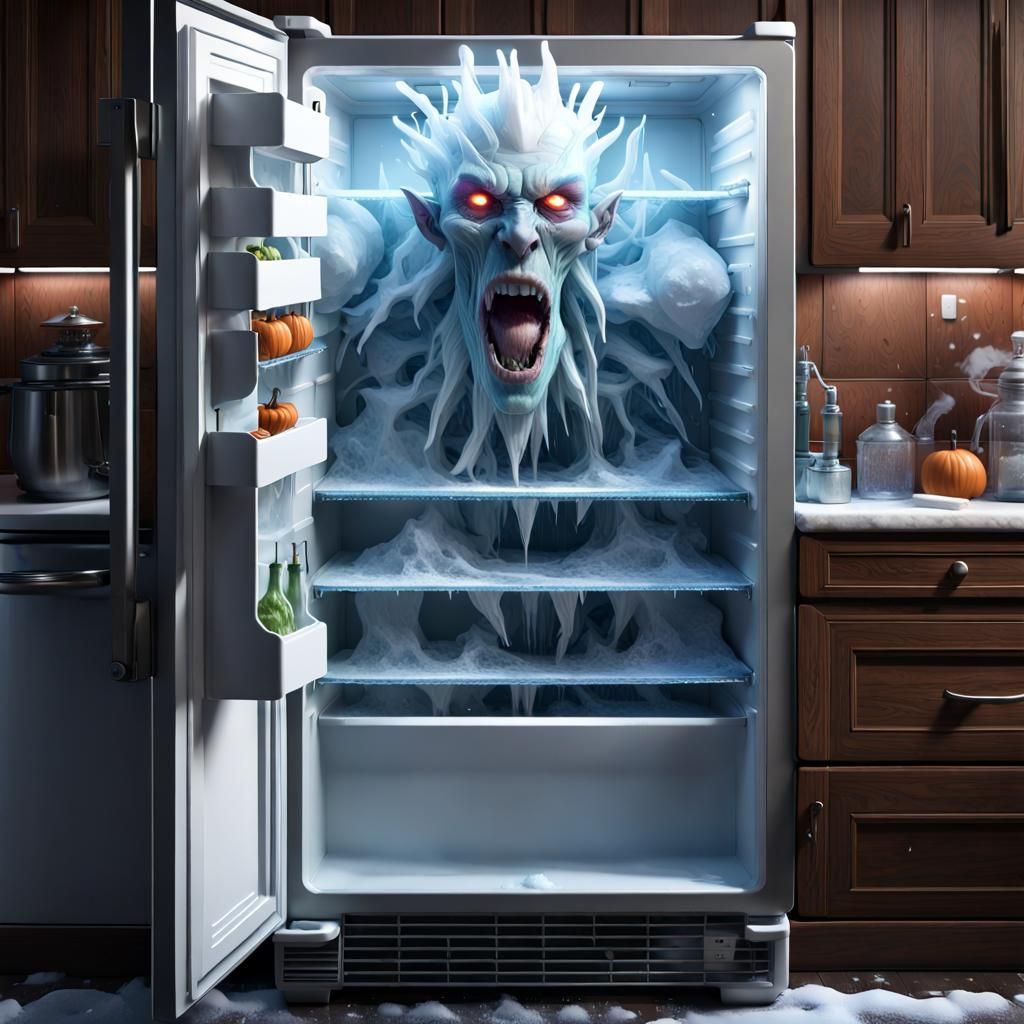 ice demon coming from inside a refrigerator