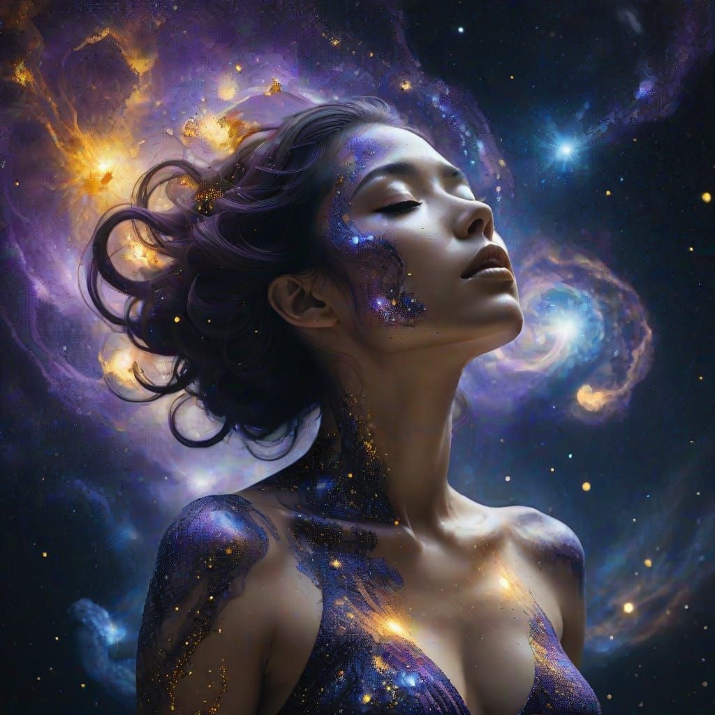 Surrealist Cosmic Goddess Dissolves into Galaxy
